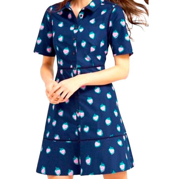 Draper James Navy Blue Pink & Green Strawberry Print Shirt Dress, Size 0 - Picture 1 of 16